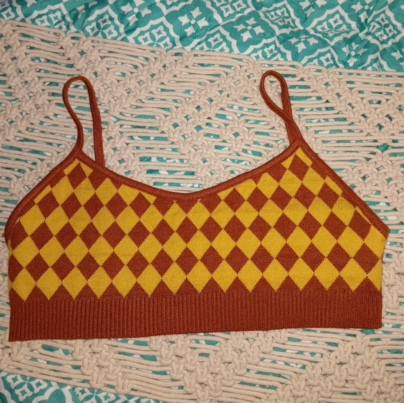 Cider~Houndstooth Checkered Crop Top Retro 90's Inspired Mustard Yellow Brown - Picture 11 of 15